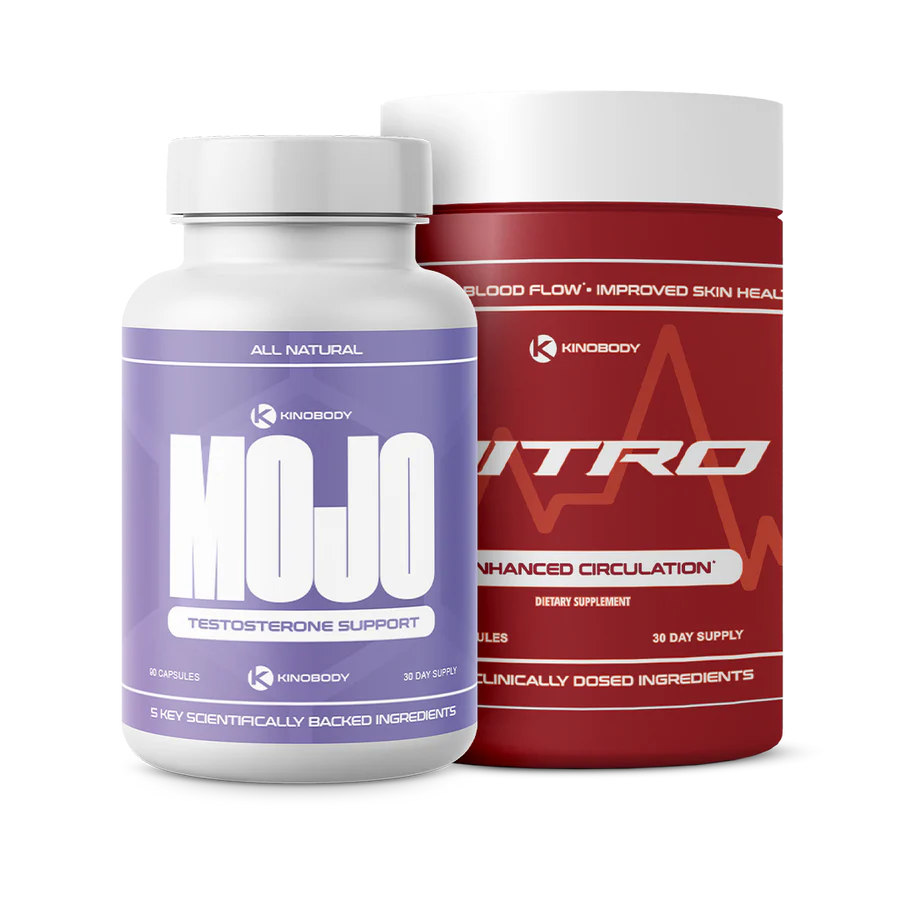 Two supplement bottles: one white labeled "Mojo, Testosterone Support," and one red labeled "Nitro, Enhanced Circulation.