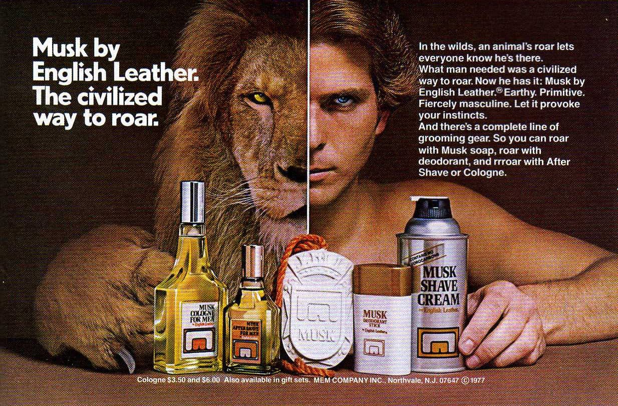man, lion's head, bottle of perfume