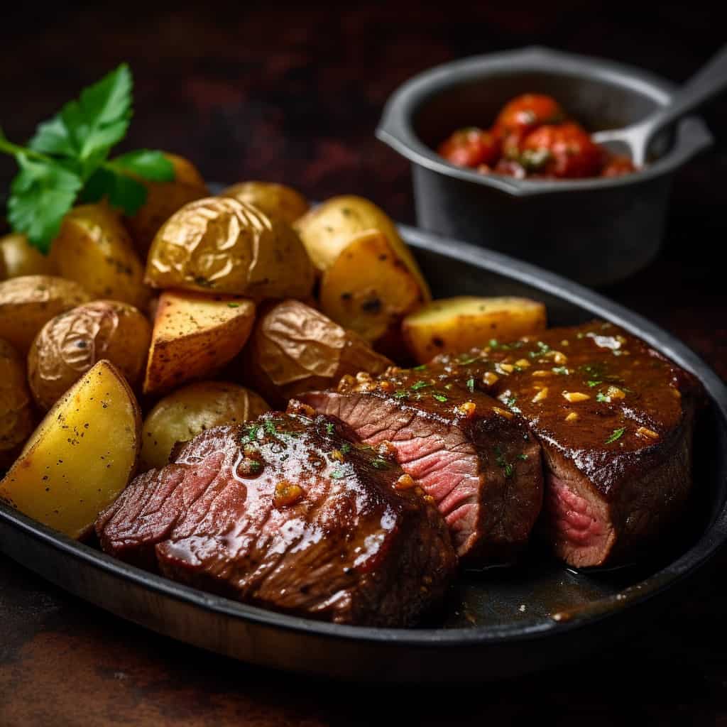 Steak and potatoes in a pan on a dark background.